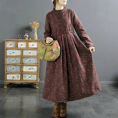 Winter Loose Retro Floral Print Furred Casual Dress