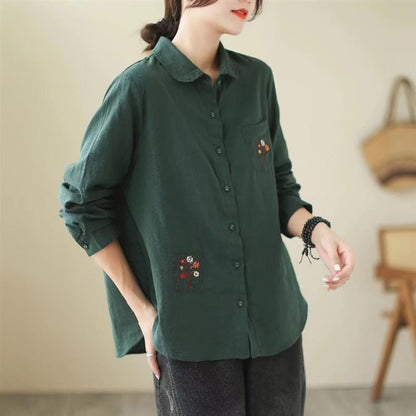 Women Autumn Retro Embroidery Cotton Linen Blouse