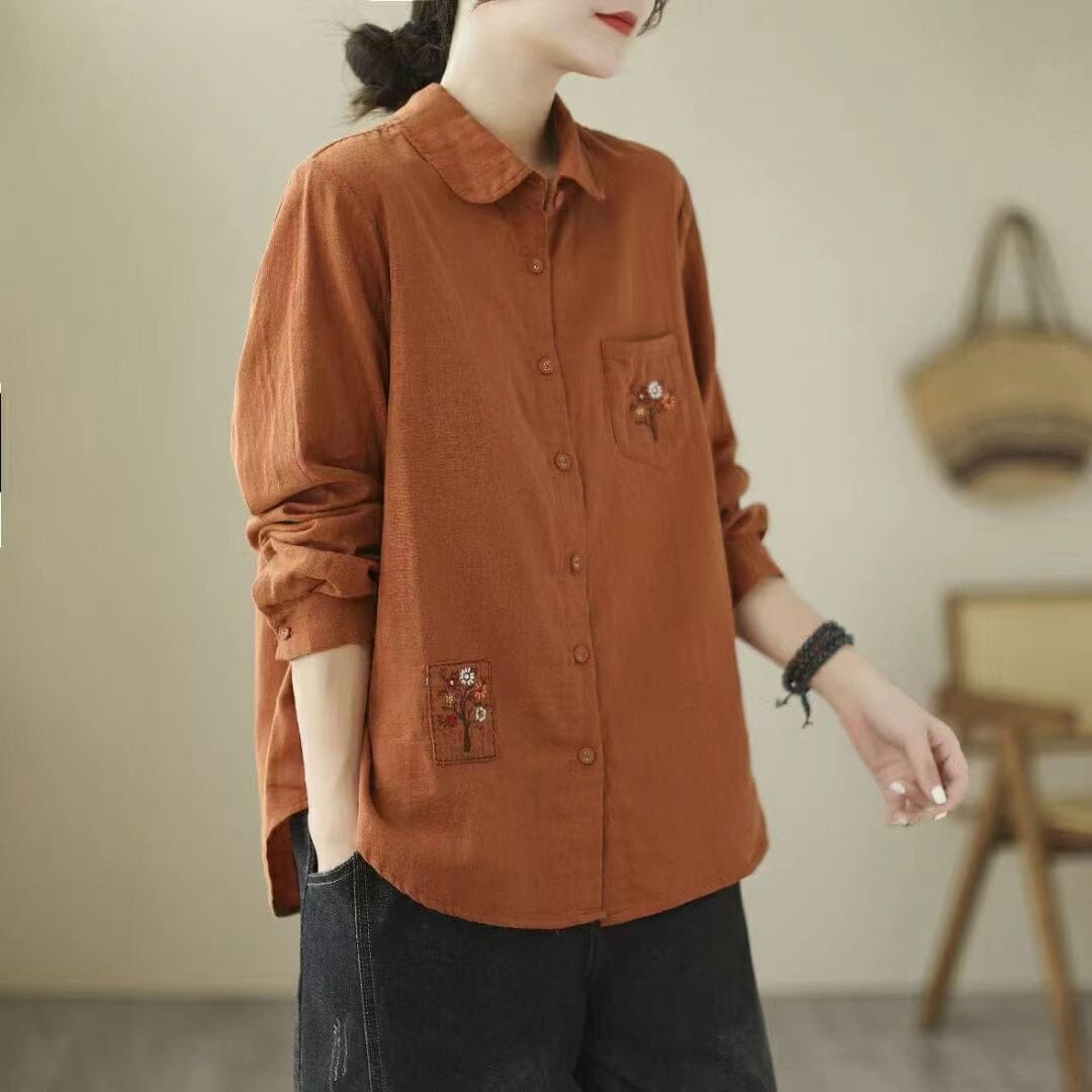 Women Autumn Retro Embroidery Cotton Linen Blouse