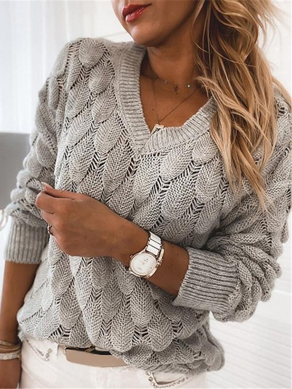 Sweaters Knitted Feather Hollow V-Neck Long Sleeve Sweater - LuckyFash™