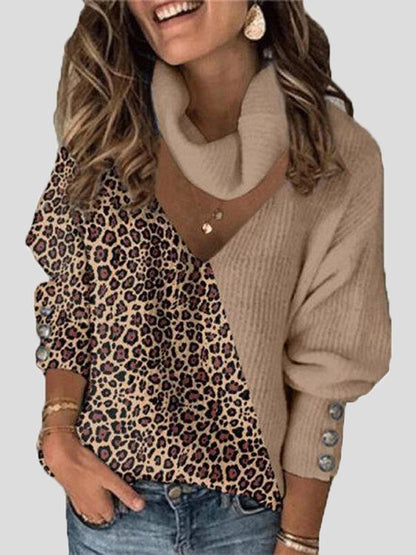 Sweaters Leopard Print Color Block V-Neck Scarf Sweater - LuckyFash™