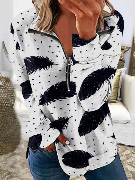 Women's T-Shirts Feather Print Lapel Zipper Long Sleeve T-Shirt - T-Shirts - INS | Online Fashion Free Shipping Clothing, Dresses, Tops, Shoes - 19/11/2021 - 20-30 - color-black